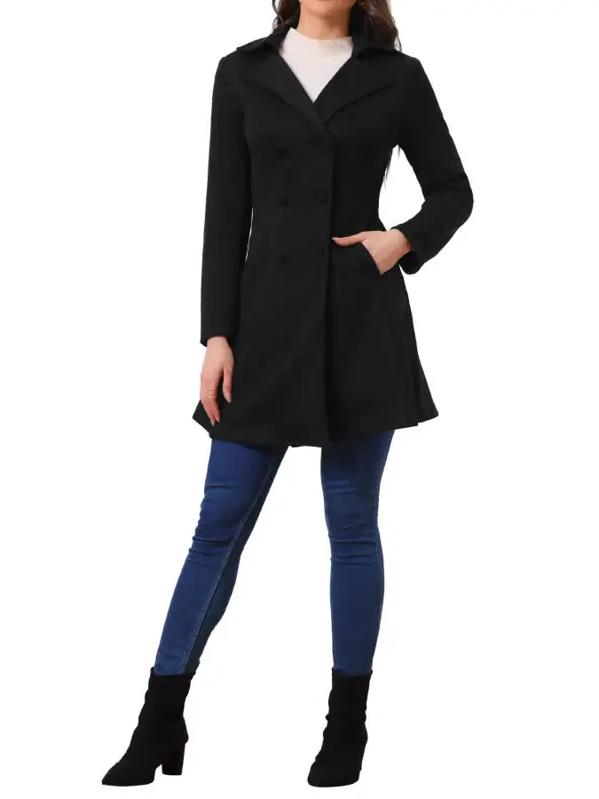 Allegra K Women's Notched Lapel Double Breasted Elegant Winter Long Coat - 4