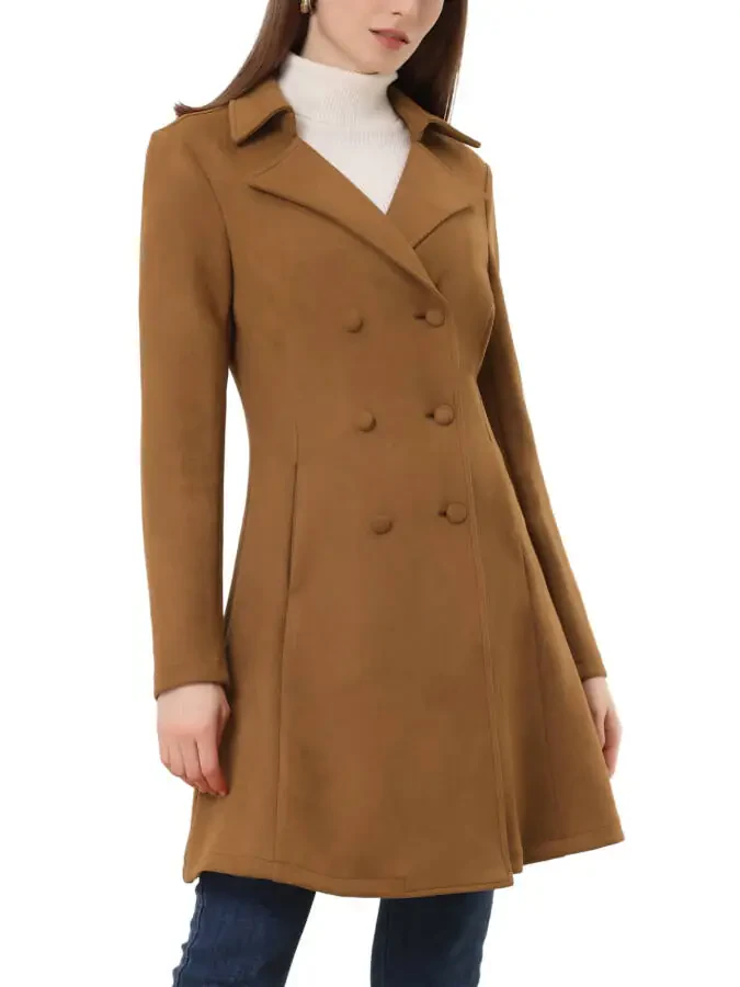 Allegra K Women's Notched Lapel Double Breasted Elegant Winter Long Coat - 4