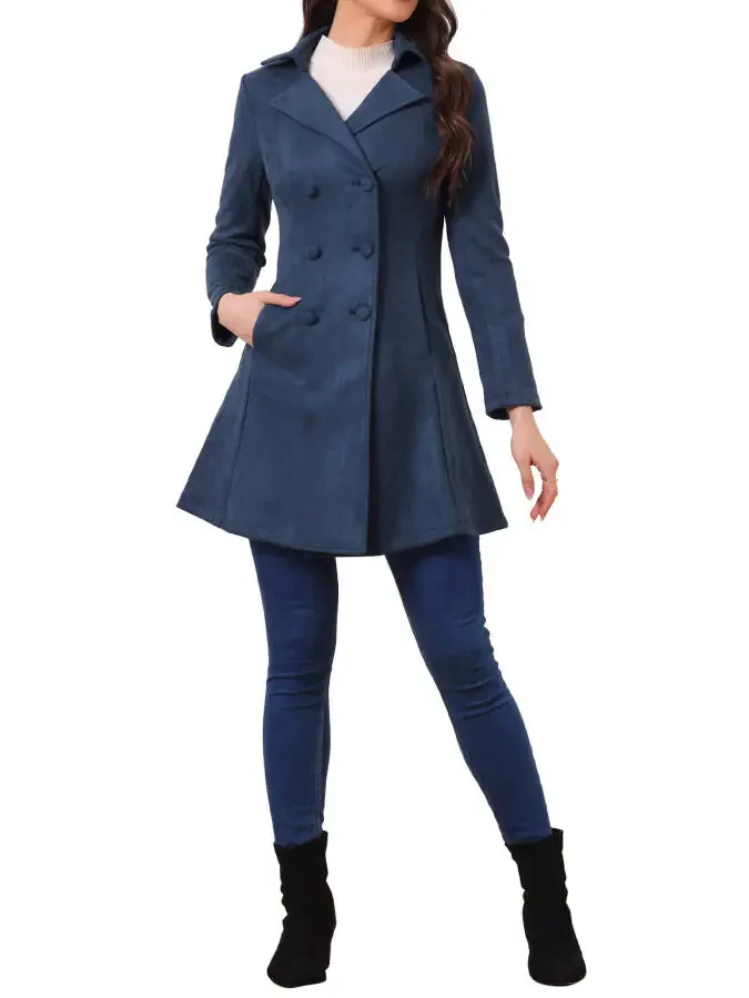 Allegra K Women's Notched Lapel Double Breasted Elegant Winter Long Coat - 1
