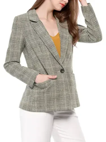 Allegra K Women's Notched Lapel One Button Hip Length Houndstooth Blazer - 3