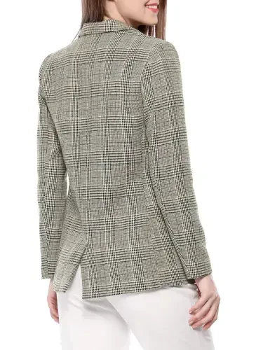 Allegra K Women's Notched Lapel One Button Hip Length Houndstooth Blazer - 4