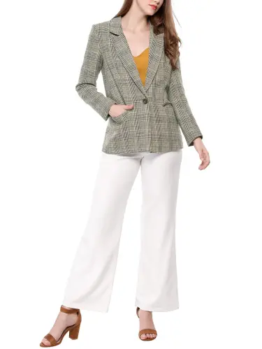Allegra K Women's Notched Lapel One Button Hip Length Houndstooth Blazer - INSPIRE CHIC (1)
