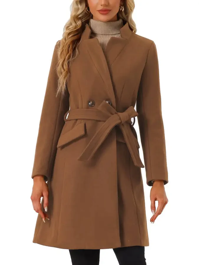 Allegra K Women's Vintage Belted Coat for Women's Stand Collar Winter Outwear Coats - 1