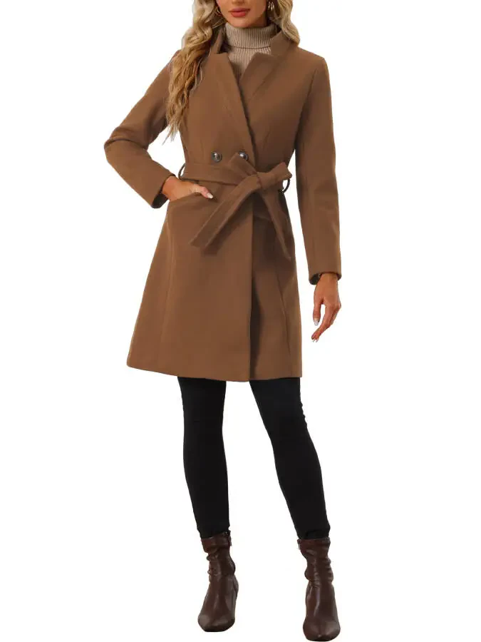 Allegra K Women's Vintage Belted Coat for Women's Stand Collar Winter Outwear Coats - 2