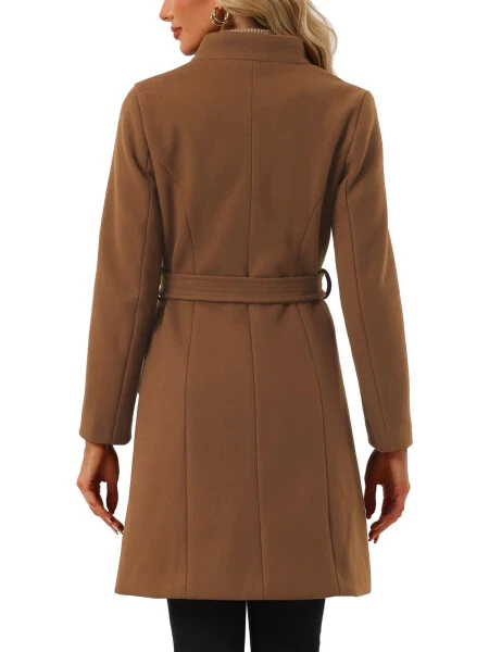 Allegra K Women's Vintage Belted Coat for Women's Stand Collar Winter Outwear Coats - 3