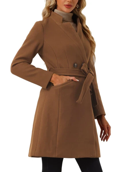 Allegra K Women's Vintage Belted Coat for Women's Stand Collar Winter Outwear Coats - 4