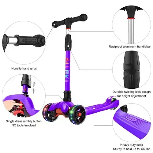 Allek Kick Scooter B02, Lean 'N Glide Scooter with Extra Wide PU Light-Up Wheels and 4 Adjustable Heights for Children from 3-12yrs (Purple) - ALLEK (1)