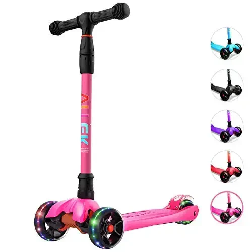 Allek Kick Scooter B02, Lean 'N Glide Scooter with Extra Wide PU Light-Up Wheels and 4 Adjustable Heights for Children from 3-12yrs (Rose Pink) - 1