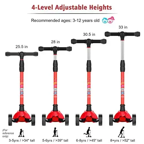 Allek Kick Scooter B02, Lean 'N Glide Scooter with Extra Wide PU Light-Up Wheels and 4 Adjustable Heights for Children from 3-12yrs (Red) - 5