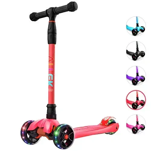 Allek Kick Scooter B02, Lean 'N Glide Scooter with Extra Wide PU Light-Up Wheels and 4 Adjustable Heights for Children from 3-12yrs (Red) 