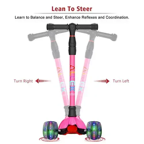 Allek Kick Scooter B02, Lean 'N Glide Scooter with Extra Wide PU Light-Up Wheels and 4 Adjustable Heights for Children from 3-12yrs (Rose Pink) - 4