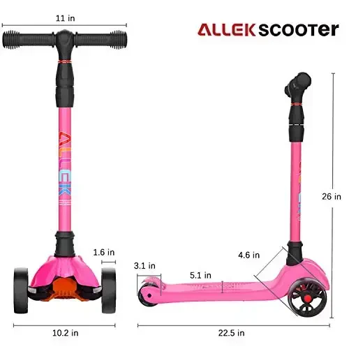Allek Kick Scooter B02, Lean 'N Glide Scooter with Extra Wide PU Light-Up Wheels and 4 Adjustable Heights for Children from 3-12yrs (Rose Pink) - 6