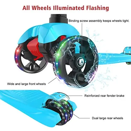 Allek Kick Scooter B02, Lean 'N Glide Scooter with Extra Wide PU Light-Up Wheels and 4 Adjustable Heights for Children from 3-12yrs (Aqua Blue) - 3
