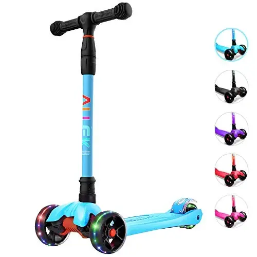 Allek Kick Scooter B02, Lean 'N Glide Scooter with Extra Wide PU Light-Up Wheels and 4 Adjustable Heights for Children from 3-12yrs (Aqua Blue) - 1