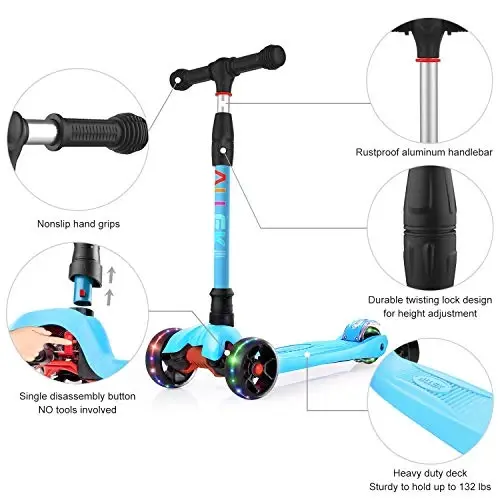 Allek Kick Scooter B02, Lean 'N Glide Scooter with Extra Wide PU Light-Up Wheels and 4 Adjustable Heights for Children from 3-12yrs (Aqua Blue) - 2