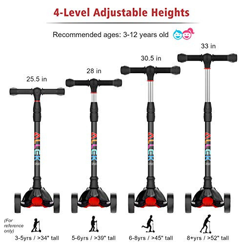 Allek Kick Scooter B02, Lean 'N Glide Scooter with Extra Wide PU Light-Up Wheels and 4 Adjustable Heights for Children from 3-12yrs (Black) - 5