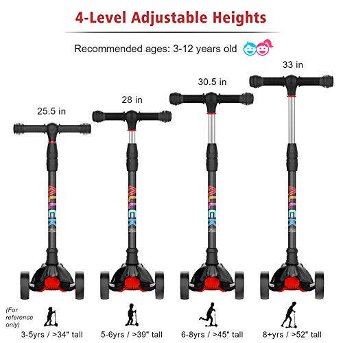 Allek Kick Scooter B02, Lean 'N Glide Scooter with Extra Wide PU Light-Up Wheels and 4 Adjustable Heights for Children from 3-12yrs (Black) - 5