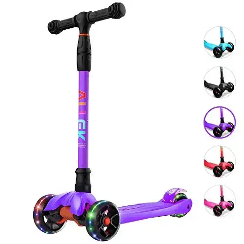 Allek Kick Scooter B02, Lean 'N Glide Scooter with Extra Wide PU Light-Up Wheels and 4 Adjustable Heights for Children from 3-12yrs (Purple) - 1