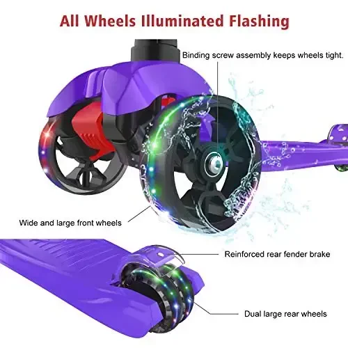 Allek Kick Scooter B02, Lean 'N Glide Scooter with Extra Wide PU Light-Up Wheels and 4 Adjustable Heights for Children from 3-12yrs (Purple) - 3