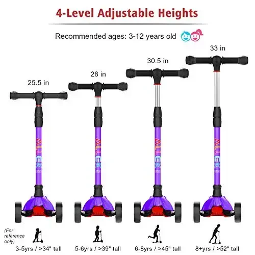 Allek Kick Scooter B02, Lean 'N Glide Scooter with Extra Wide PU Light-Up Wheels and 4 Adjustable Heights for Children from 3-12yrs (Purple) - 5