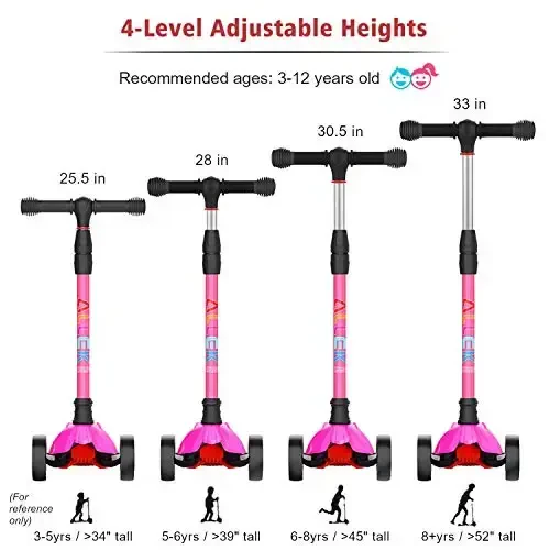 Allek Kick Scooter B02, Lean 'N Glide Scooter with Extra Wide PU Light-Up Wheels and 4 Adjustable Heights for Children from 3-12yrs (Rose Pink) - 5