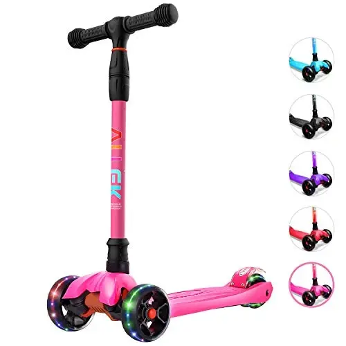 Allek Kick Scooter B02, Lean 'N Glide Scooter with Extra Wide PU Light-Up Wheels and 4 Adjustable Heights for Children from 3-12yrs (Rose Pink) 