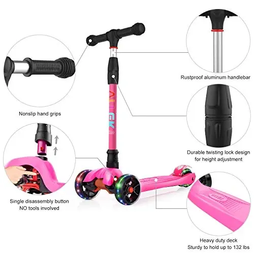 Allek Kick Scooter B02, Lean 'N Glide Scooter with Extra Wide PU Light-Up Wheels and 4 Adjustable Heights for Children from 3-12yrs (Rose Pink) - 2