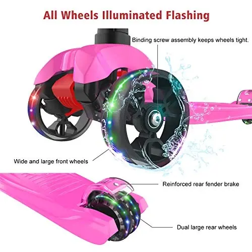 Allek Kick Scooter B02, Lean 'N Glide Scooter with Extra Wide PU Light-Up Wheels and 4 Adjustable Heights for Children from 3-12yrs (Rose Pink) - 3