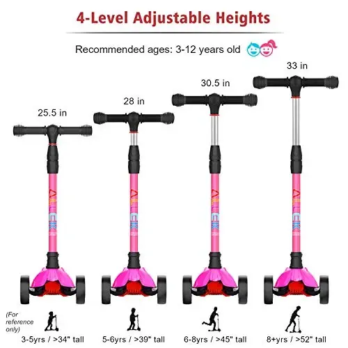 Allek Kick Scooter B02, Lean 'N Glide Scooter with Extra Wide PU Light-Up Wheels and 4 Adjustable Heights for Children from 3-12yrs (Rose Pink) - 5