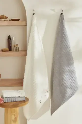 Allen %100 Cotton Bath Set Cream Gray - 3