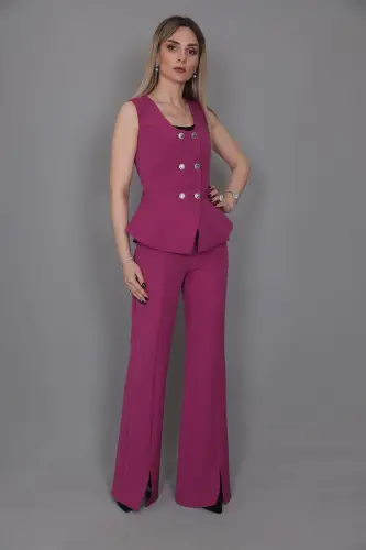 Aller Vest & Spanish Slit Leg Pants Set-fuchsia-Fuchsia - 3