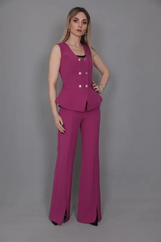 Aller Vest & Spanish Slit Leg Pants Set-fuchsia-Fuchsia - 3