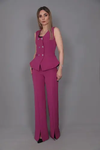 Aller Vest & Spanish Slit Leg Pants Set-fuchsia-Fuchsia - 4