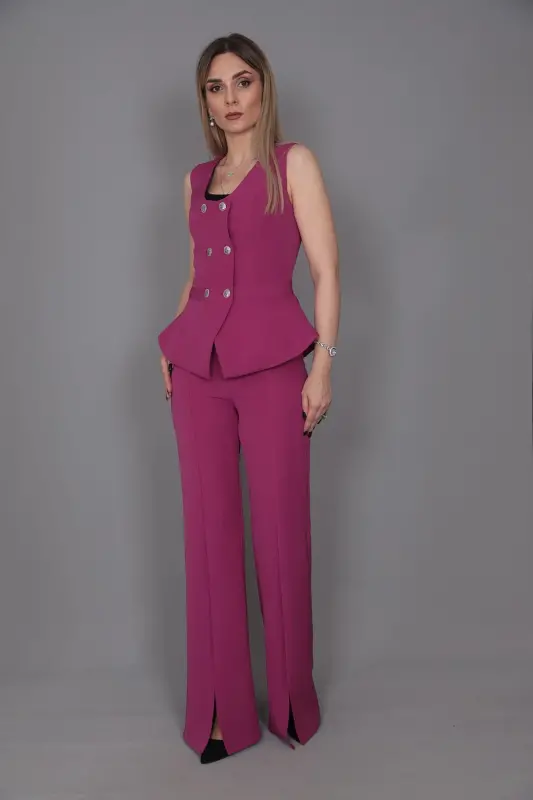 Aller Vest & Spanish Slit Leg Pants Set-fuchsia-Fuchsia - 4