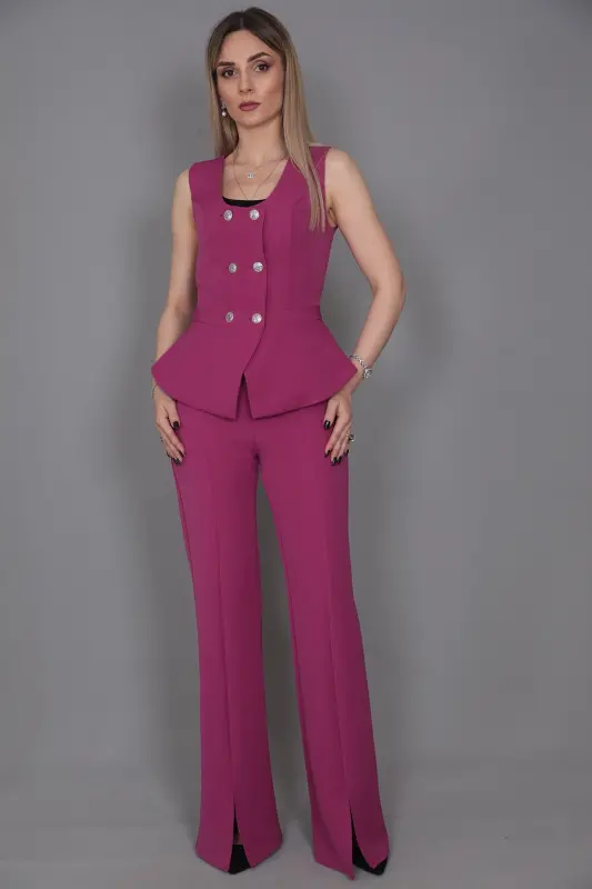 Aller Vest & Spanish Slit Leg Pants Set-fuchsia-Fuchsia - 6