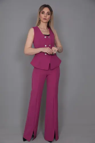 Aller Vest & Spanish Slit Leg Pants Set-fuchsia-Fuchsia - 7