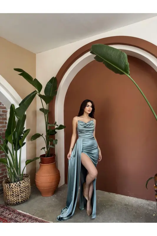 Allyso Degaje Yaka Yırtmaçlı Abiye 582243 MİNT YEŞİLİ-MİNT YEŞİLİ - 3