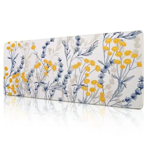 ALOANES Chidamli tikilgan qirrali suv o'tkazmaydigan sichqoncha yostig'i, katta o'yin klaviatura yostig'i, sirpanmaydigan kauchuk taglik, o'yinchi, ofis va uy uchun kengaytirilgan stol yostig'i, sariq gul sichqonchasi 27,6''x 11,8''x 0,12'' 