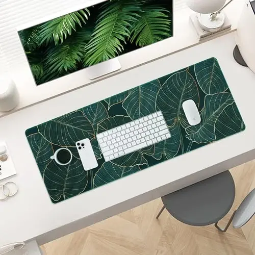 ALOANES Waterproof Mouse Pad with Durable Stitched Edge, Gaming Keyboard, Non-Slip Rubber Base, Extended Desk pad for Gamer, Office& Home, Green Leaves Mousepad 3XL(35.43