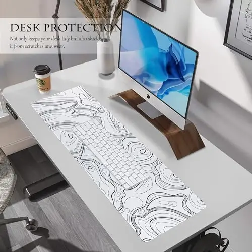 ALOANES Waterproof Mouse Pad with Durable Stitched Edge, Gaming Keyboard, Non-Slip Rubber Base, Extended Desk pad for Gamer, Office& Home, White Topographic Map Mousepad XL(31.50