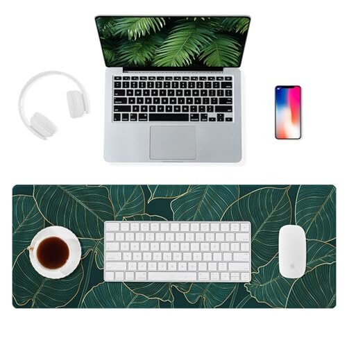 ALOANES Waterproof Mouse Pad with Durable Stitched Edge, Large Gaming Keyboard Pad, Non-Slip Rubber Base, Extended Desk pad for Gamer, Office & Home, Green Leaves Mousepad 27.6''x 11.8''x 0.12'' 