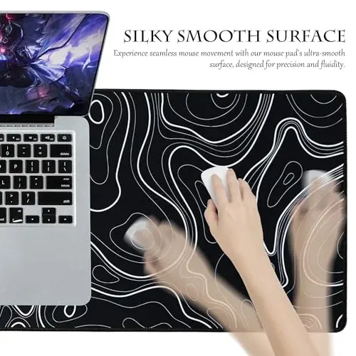 ALOANES Su Geçirmez Mouse Pad, Dayanıklı Dikişli Kenar, XL Oyun Klavye Pedi, Kaymaz Kauçuk Taban, Oyuncu, Ofis ve Ev için Genişletilmiş Masa Pedi, Siyah Topografik Harita Mousepad 80x30x0,3cm - 5