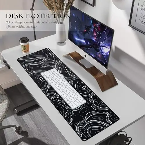 ALOANES Su Geçirmez Mouse Pad, Dayanıklı Dikişli Kenar, XL Oyun Klavye Pedi, Kaymaz Kauçuk Taban, Oyuncu, Ofis ve Ev için Genişletilmiş Masa Pedi, Siyah Topografik Harita Mousepad 80x30x0,3cm - 6