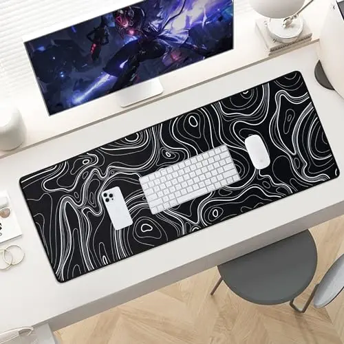 ALOANES Su Geçirmez Mouse Pad, Dayanıklı Dikişli Kenar, XL Oyun Klavye Pedi, Kaymaz Kauçuk Taban, Oyuncu, Ofis ve Ev için Genişletilmiş Masa Pedi, Siyah Topografik Harita Mousepad 80x30x0,3cm - 7
