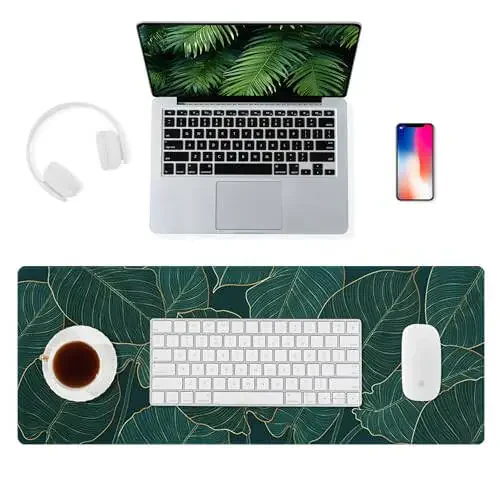 ALOANES Waterproof Mouse Pad with Durable Stitched Edge, Large Gaming Keyboard Pad, Non-Slip Rubber Base, Extended Desk pad for Gamer, Office & Home, Green Leaves Mousepad 27.6X 11.8 in - 1