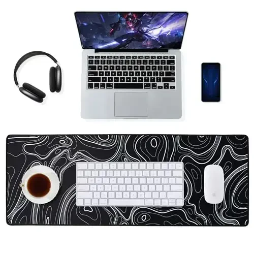 ALOANES Waterproof Mouse Pad with Durable Stitched Edge, XL Gaming Keyboard Pad, Non-Slip Rubber Base, Extended Desk pad for Gamer, Office & Home, Black Topographic Map Mousepad 31.5''x 11.8''x 0.12'' - 2