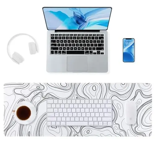 ALOANES Waterproof Mouse Pad with Durable Stitched Edge, XL gaming Keyboard Pad, Non-Slip Rubber Base, Extended Desk pad for Gamer, Office & Home, White Topographic Map Mousepad 31.5''x 11.8''x 0.12'' - 2