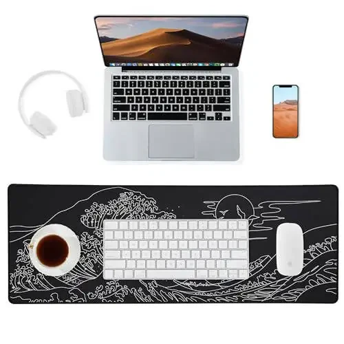 ALOANES Waterproof Mouse Pad, XL Gaming Keyboard Pad with Anti-Slip Base, Grain Jacquard Surface, Extend Desk pad for Gamer, Office & Home, Sea Wave Mousepad 31.5X 11.8 in - 2