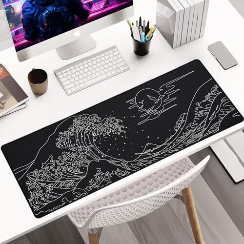 ALOANES Waterproof Mouse Pad, XL Gaming Keyboard Pad with Anti-Slip Base, Grain Jacquard Surface, Extend Desk pad for Gamer, Office & Home, Sea Wave Mousepad 31.5X 11.8 in - 7
