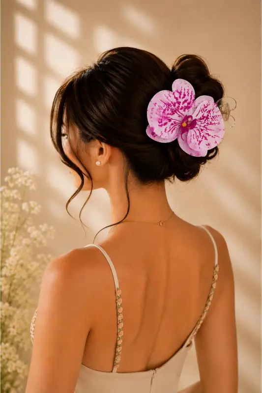 Aloha Orchid Flower Summer Beach-Dress Combo Claw Hair Clip - Fuchsia - 1